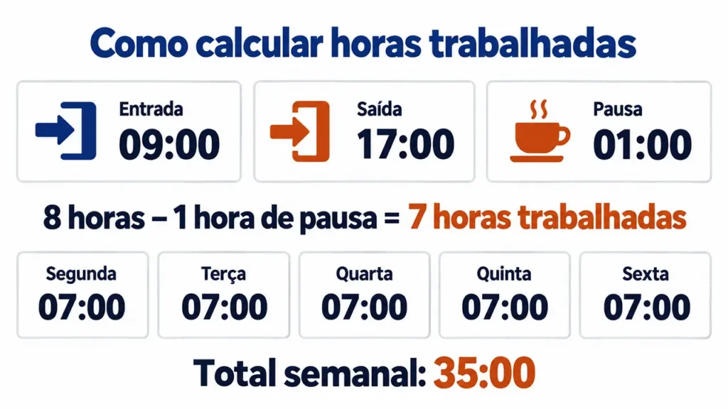 Jornada das 09:00 às 17:00 com uma hora de pausa, totalizando 7 horas por dia e 35 horas na semana