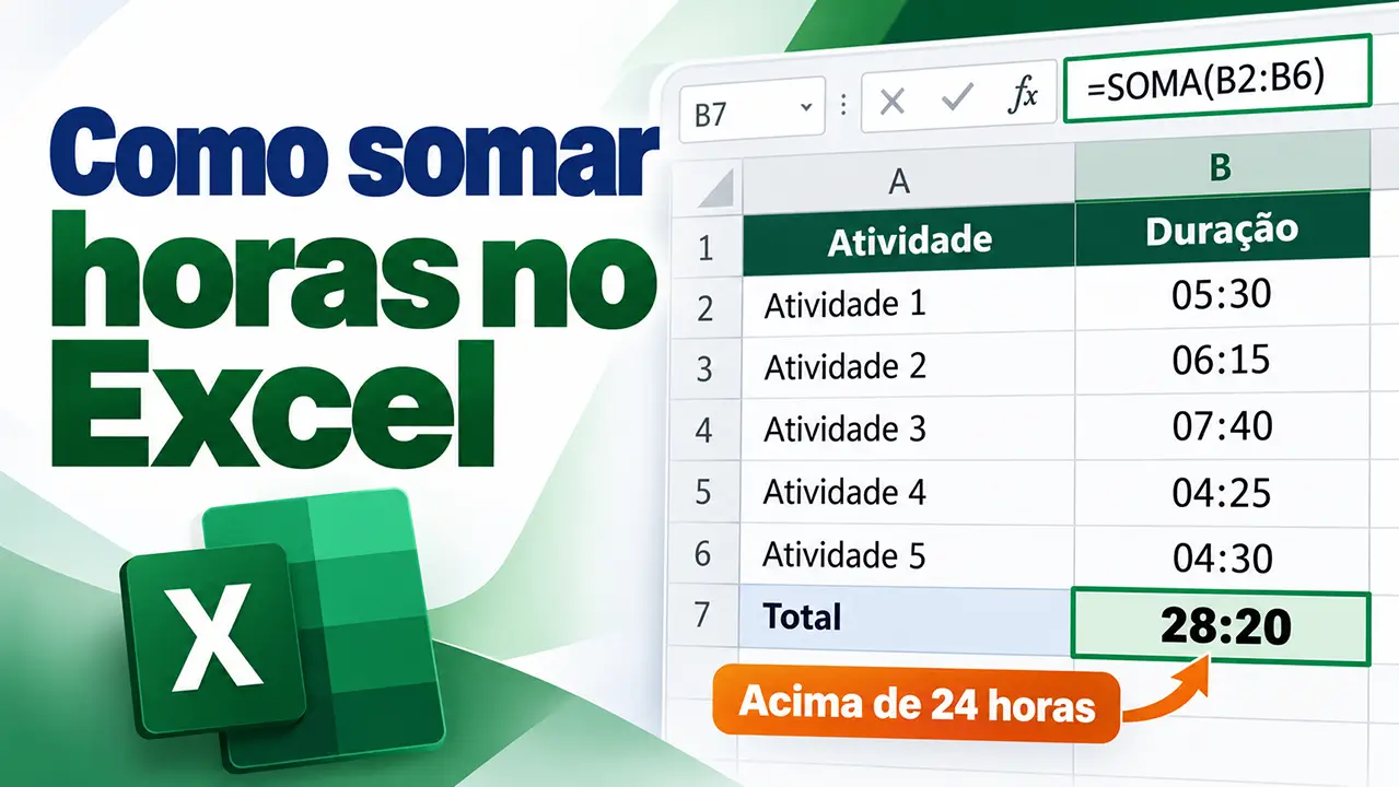 Planilha do Excel mostrando a soma de cinco durações com resultado de 28 horas e 20 minutos.