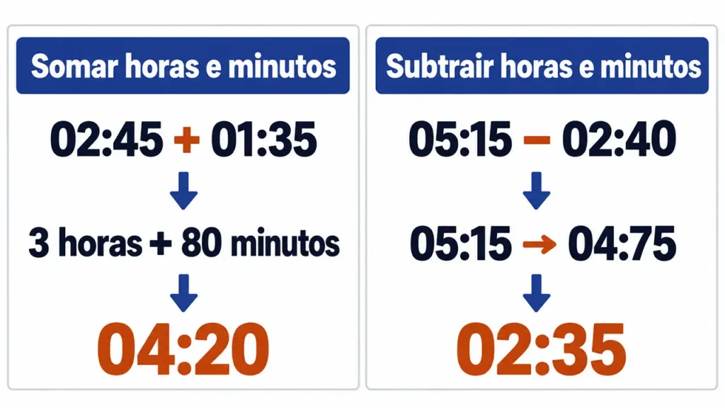 Exemplos de como somar e subtrair horas e minutos manualmente