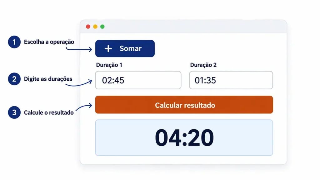 Exemplo de uso da calculadora de horas somando 02:45 e 01:35
