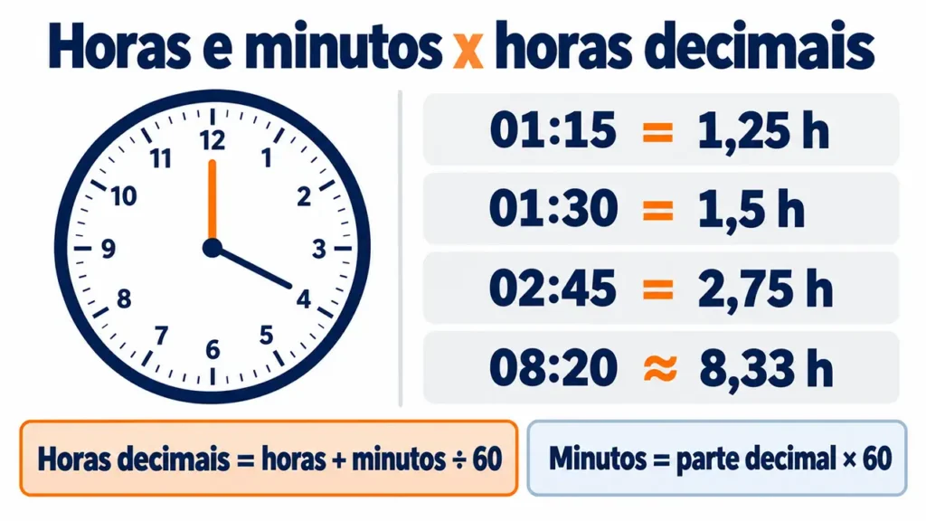 Conversão de horas e minutos para horas decimais com exemplos