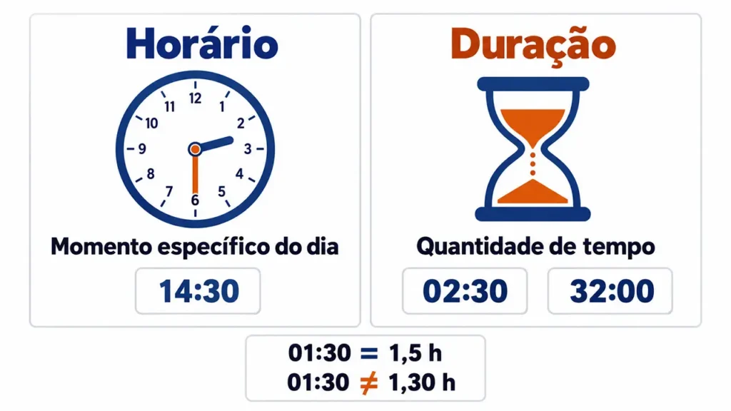 Diferença entre horário do relógio e duração de tempo