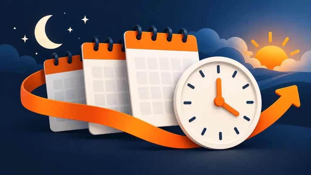 Três folhas de calendário e um relógio representando a passagem do tempo entre dias diferentes.