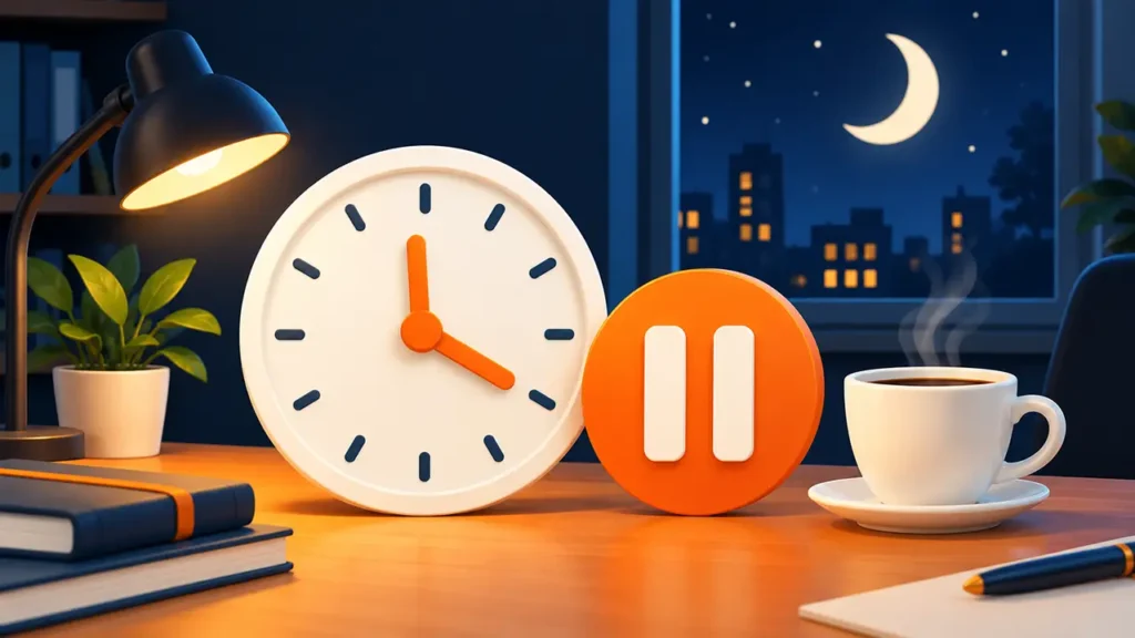 Relógio, xícara de café e símbolo de pausa sobre uma mesa à noite.
